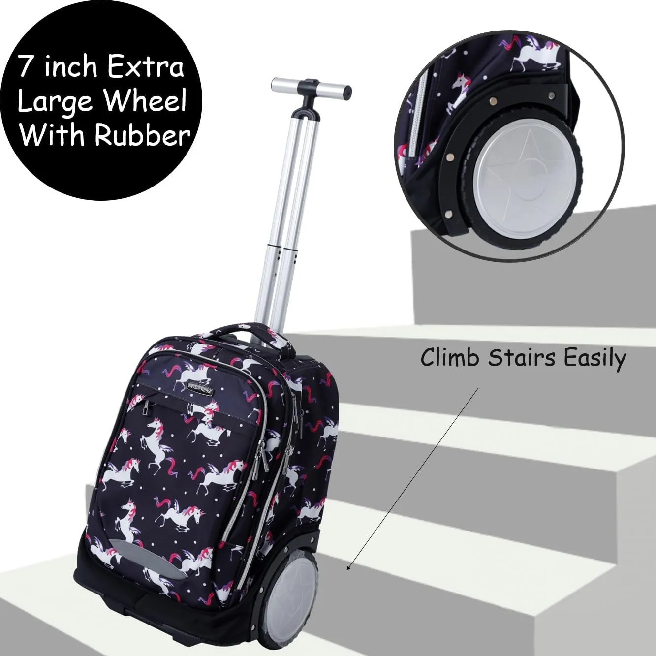 King Mills 18in Roller Backpack, Rolling Bookbag w. 7in Extra Large Wheel. Easy Convert Between Roller and Backpack. Ideal for Daily Use or Travel. Black Unicorn