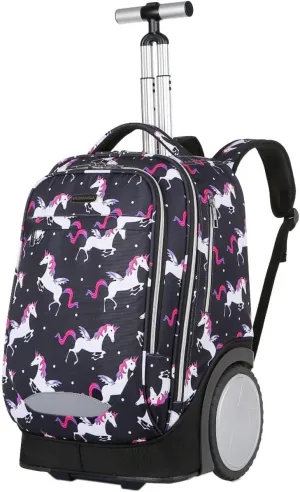 King Mills 18in Roller Backpack, Rolling Bookbag w. 7in Extra Large Wheel. Easy Convert Between Roller and Backpack. Ideal for Daily Use or Travel. Black Unicorn