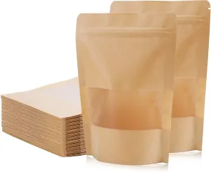 Kingrol 150 Count 4.7 x 7.8 Inch Kraft Paper Bags with Resealable Lock Seal Zipper &Transparent Window, Stand Up Food Bags
