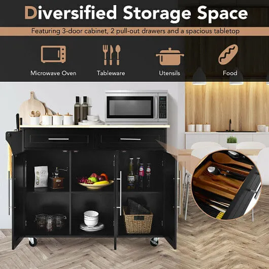 Kitchen Island Trolley Wood Top Rolling Storage Cabinet Cart with Knife Block-Bl