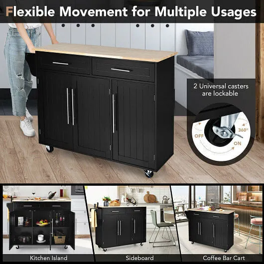 Kitchen Island Trolley Wood Top Rolling Storage Cabinet Cart with Knife Block-Bl