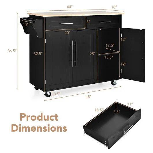 Kitchen Island Trolley Wood Top Rolling Storage Cabinet Cart with Knife Block-Bl