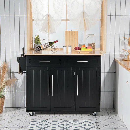 Kitchen Island Trolley Wood Top Rolling Storage Cabinet Cart with Knife Block-Bl