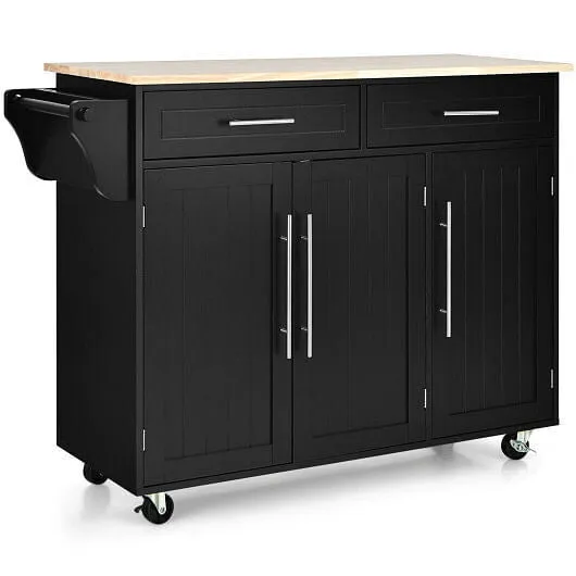 Kitchen Island Trolley Wood Top Rolling Storage Cabinet Cart with Knife Block-Bl