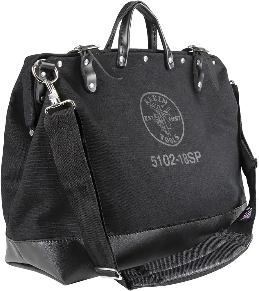 Klein Tools 510218SPBLK Tool Bag, Large 18-Inch Deluxe Canvas Tool Bag and Organizer with 13 Pockets and Shoulder Strap, Black