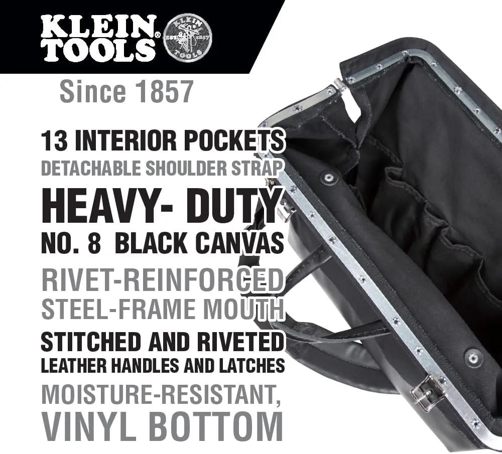 Klein Tools 510218SPBLK Tool Bag, Large 18-Inch Deluxe Canvas Tool Bag and Organizer with 13 Pockets and Shoulder Strap, Black