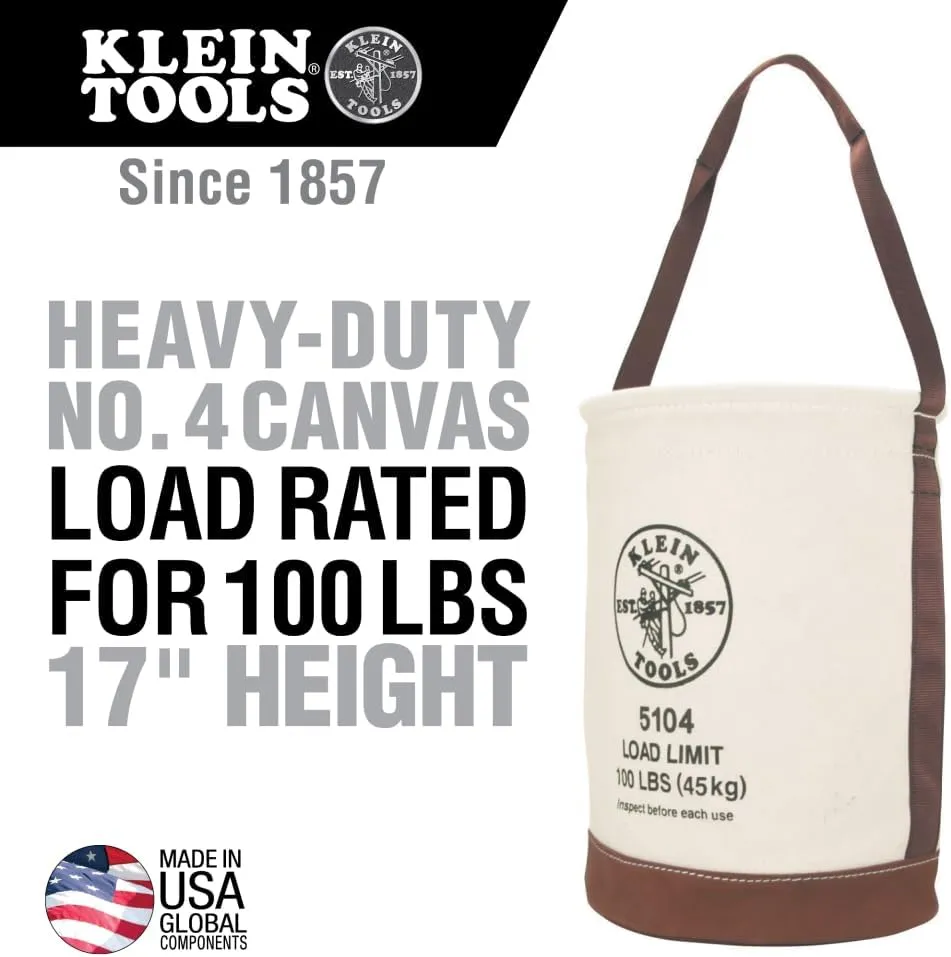 Klein Tools 5104 Canvas Bucket with Leather Bottom, 12-Inch Diameter, 1 Pocket, 100-Pound Load Rated Utility Bucket, Natural