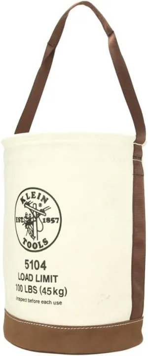 Klein Tools 5104 Canvas Bucket with Leather Bottom, 12-Inch Diameter, 1 Pocket, 100-Pound Load Rated Utility Bucket, Natural