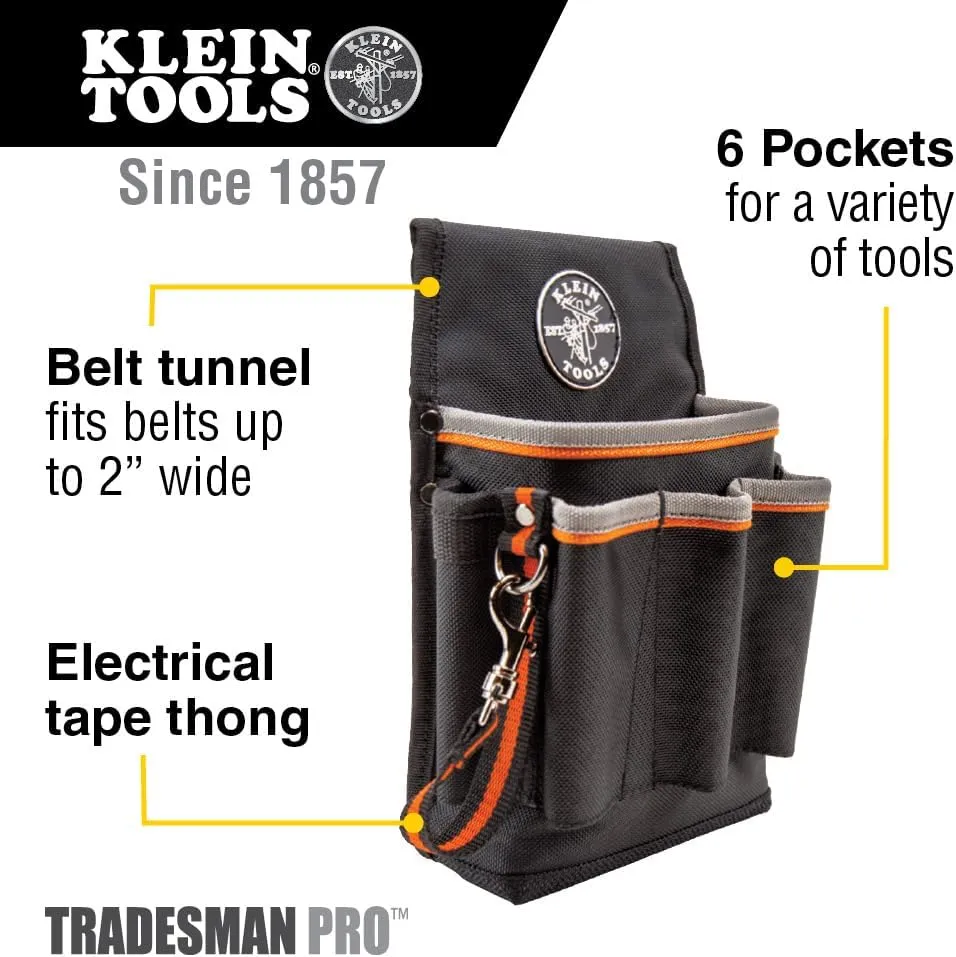 Klein Tools 5241 Tool Pouch, Tradesman Pro Tool Pouch With Electrical Tape Thong and Heavy Duty Reinforced Bottoms, 6-Pocket