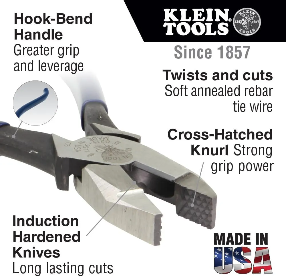 Klein Tools D213-9ST High-Leverage Ironworker's Pliers, Made in USA, Twist and Cut Soft Annealed Tie Wire, Hook Bend Handle, Spring Loaded, Heavy-Duty Jaws