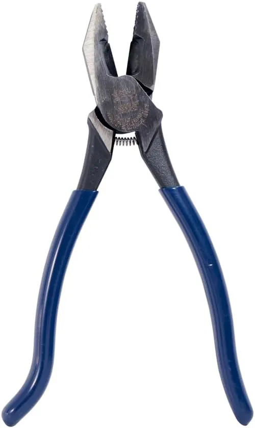 Klein Tools D213-9ST High-Leverage Ironworker's Pliers, Made in USA, Twist and Cut Soft Annealed Tie Wire, Hook Bend Handle, Spring Loaded, Heavy-Duty Jaws