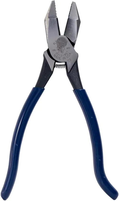 Klein Tools D213-9ST High-Leverage Ironworker's Pliers, Made in USA, Twist and Cut Soft Annealed Tie Wire, Hook Bend Handle, Spring Loaded, Heavy-Duty Jaws