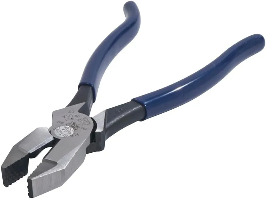 Klein Tools D213-9ST High-Leverage Ironworker's Pliers, Made in USA, Twist and Cut Soft Annealed Tie Wire, Hook Bend Handle, Spring Loaded, Heavy-Duty Jaws