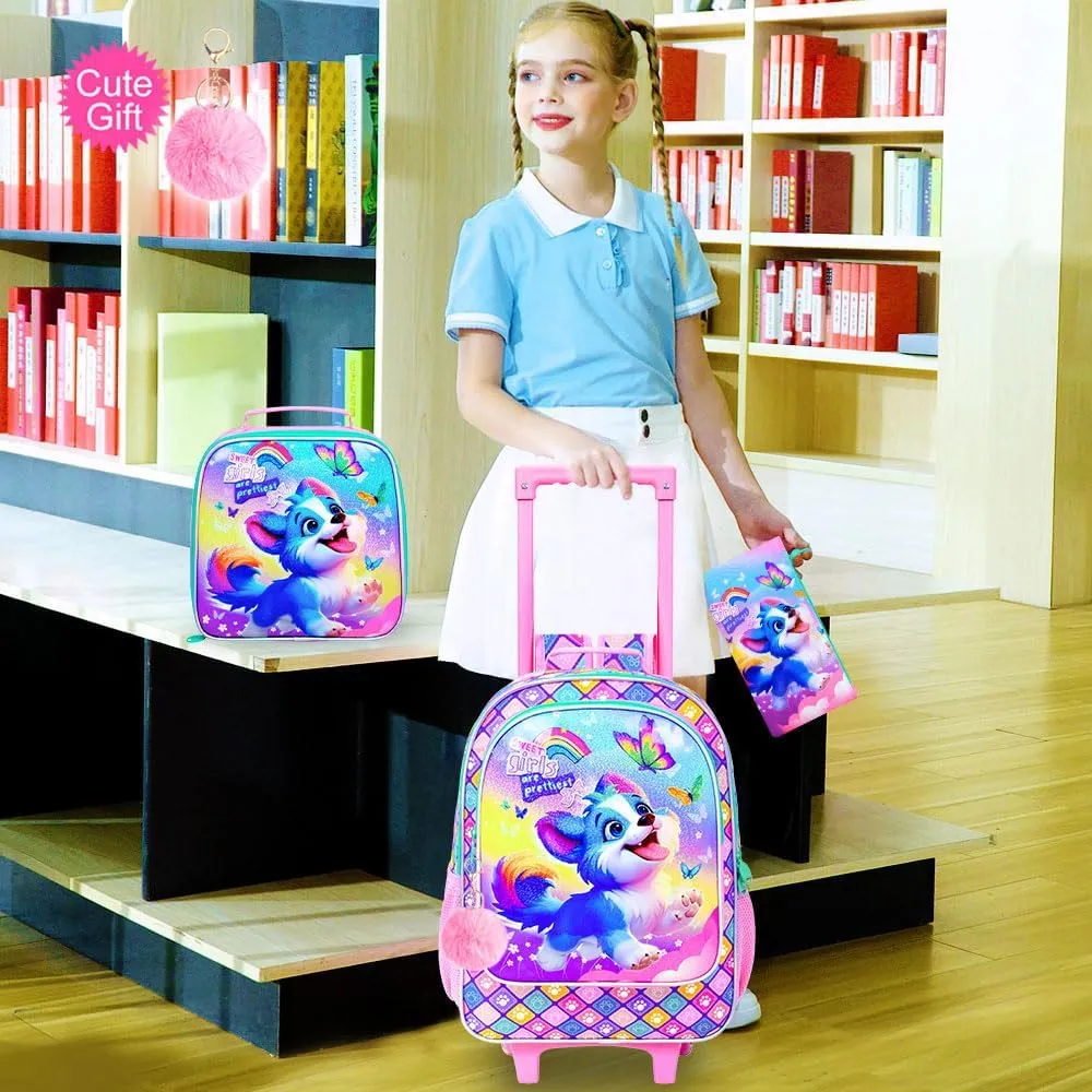 KLFVB Girls Bookbag with Wheels, 3PCS Kids Roller Backpack with Lunch Bag, Wheeled School Bag for Children - Dog