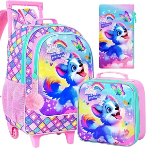 KLFVB Girls Bookbag with Wheels, 3PCS Kids Roller Backpack with Lunch Bag, Wheeled School Bag for Children - Dog