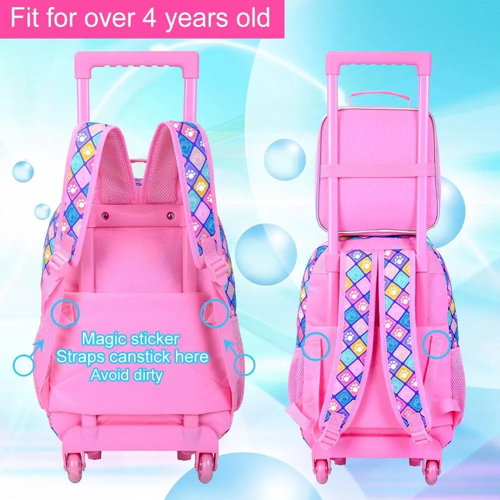 KLFVB Girls Bookbag with Wheels, 3PCS Kids Roller Backpack with Lunch Bag, Wheeled School Bag for Children - Dog