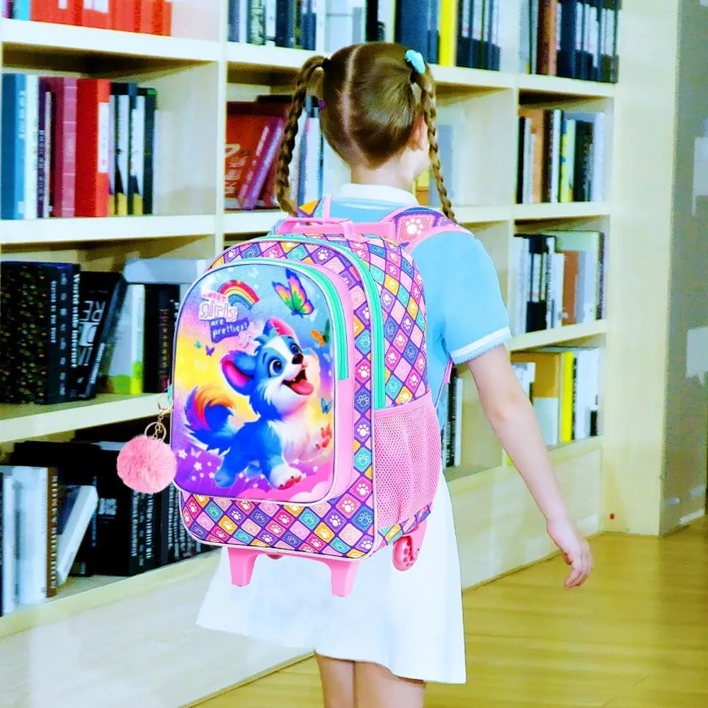 KLFVB Girls Bookbag with Wheels, 3PCS Kids Roller Backpack with Lunch Bag, Wheeled School Bag for Children - Dog