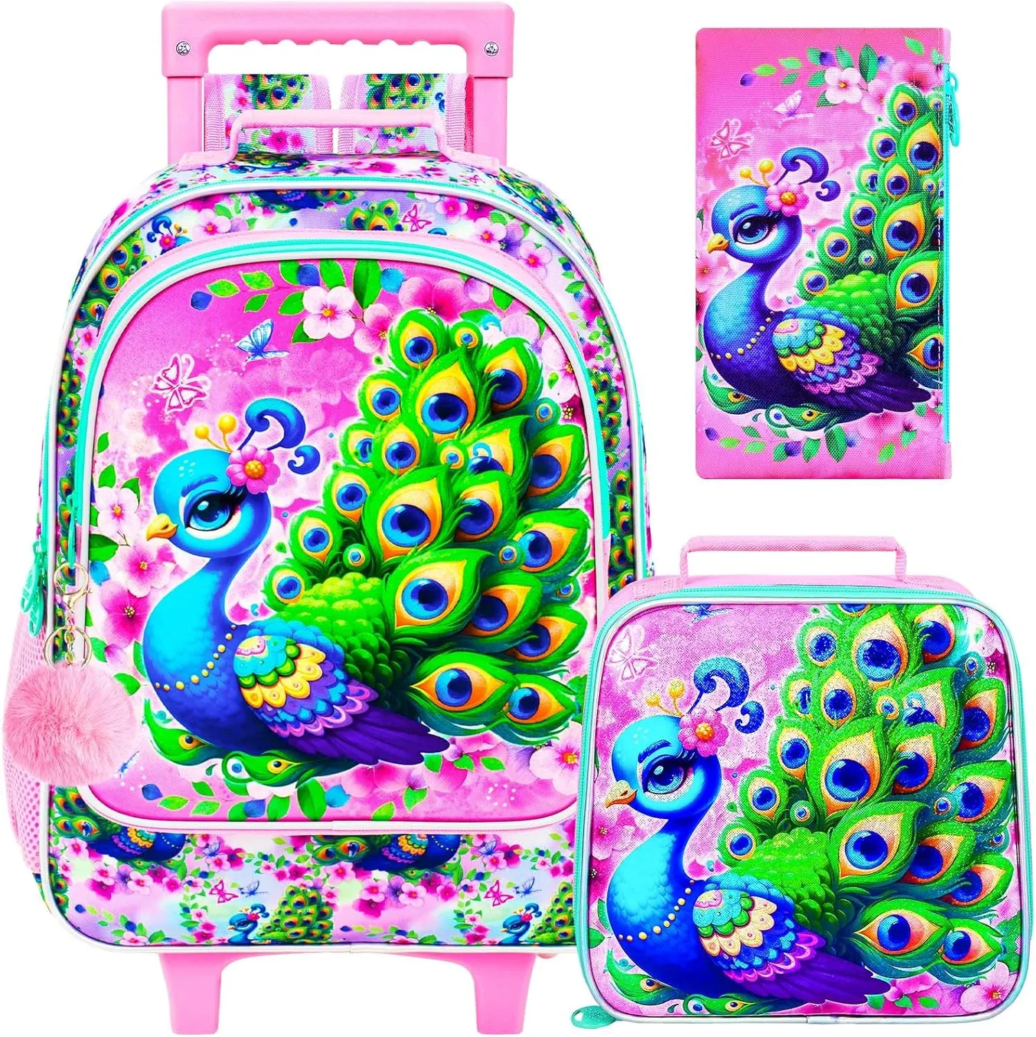 KLFVB Girls Bookbag with Wheels, 3PCS Kids Roller Backpack with Lunch Bag, Wheeled School Bag for Children - Peacock