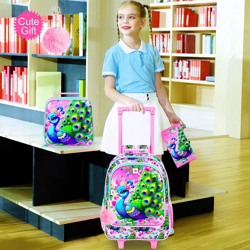 KLFVB Girls Bookbag with Wheels, 3PCS Kids Roller Backpack with Lunch Bag, Wheeled School Bag for Children - Peacock
