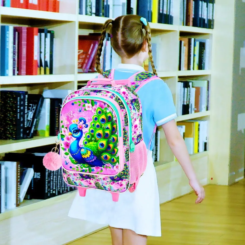 KLFVB Girls Bookbag with Wheels, 3PCS Kids Roller Backpack with Lunch Bag, Wheeled School Bag for Children - Peacock