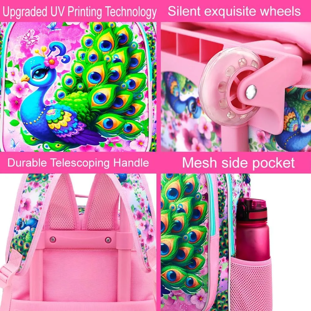 KLFVB Girls Bookbag with Wheels, 3PCS Kids Roller Backpack with Lunch Bag, Wheeled School Bag for Children - Peacock