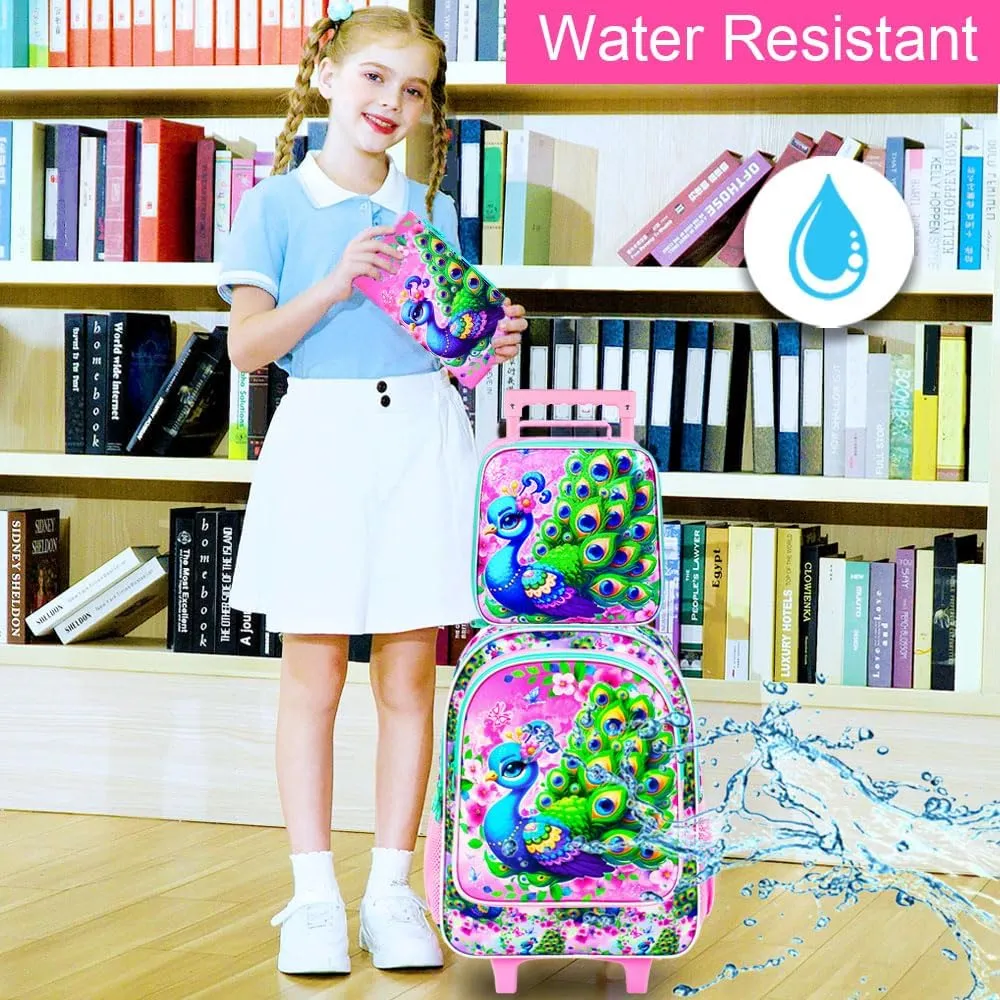 KLFVB Girls Bookbag with Wheels, 3PCS Kids Roller Backpack with Lunch Bag, Wheeled School Bag for Children - Peacock