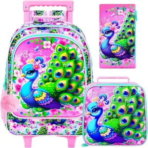 KLFVB Girls Bookbag with Wheels, 3PCS Kids Roller Backpack with Lunch Bag, Wheeled School Bag for Children - Peacock