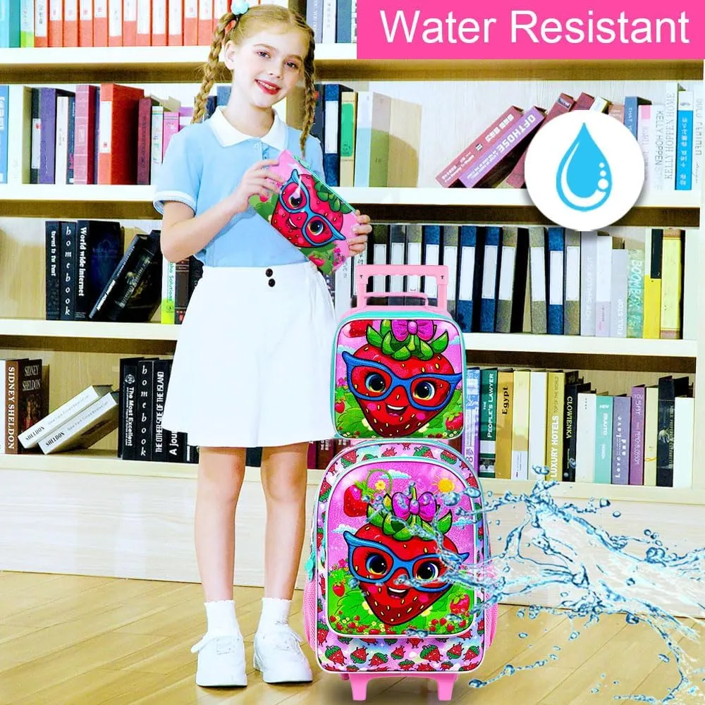 KLFVB Girls Rolling Backpack, 3PCS Kids Roller Bookbag with Lunch Bag, Wheeled School Bag for Children - Strawberry