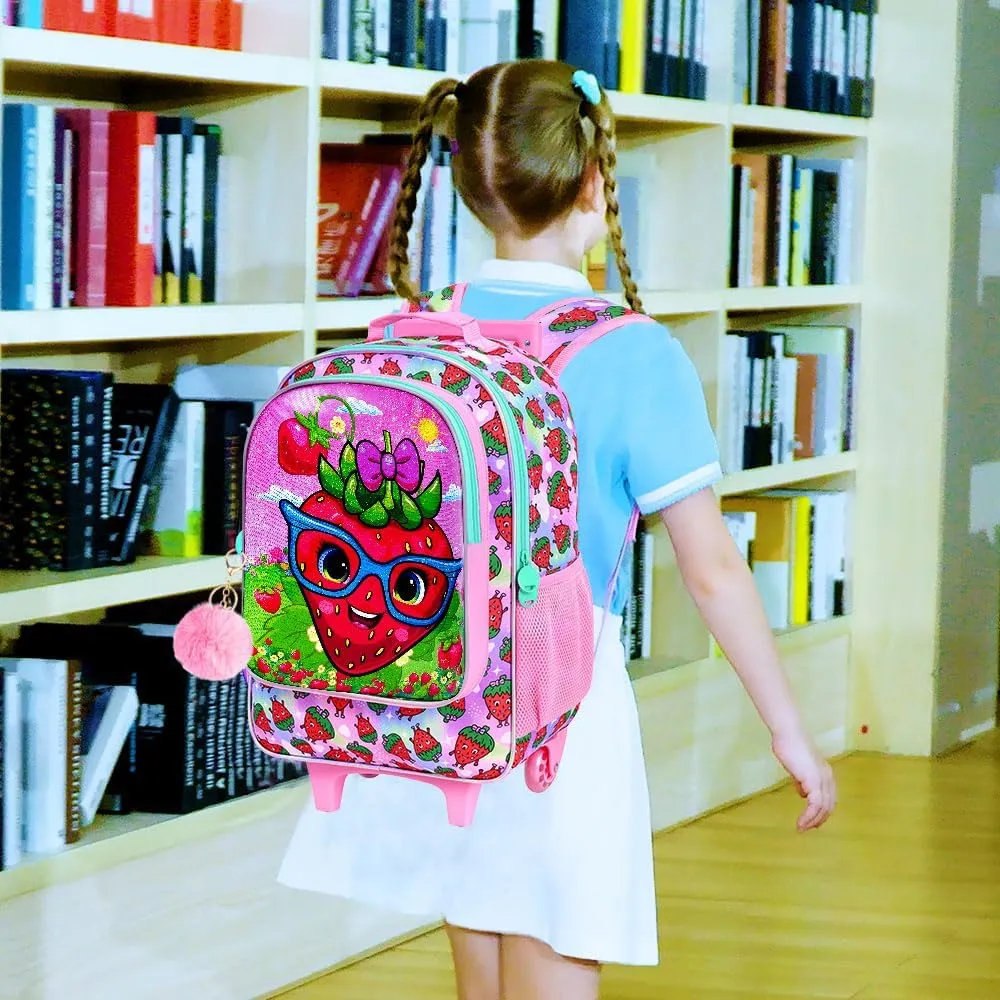 KLFVB Girls Rolling Backpack, 3PCS Kids Roller Bookbag with Lunch Bag, Wheeled School Bag for Children - Strawberry