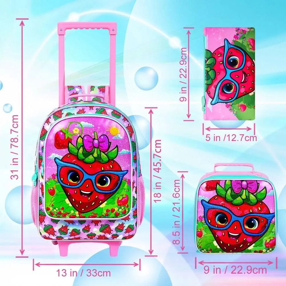 KLFVB Girls Rolling Backpack, 3PCS Kids Roller Bookbag with Lunch Bag, Wheeled School Bag for Children - Strawberry