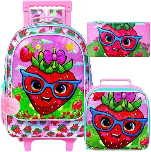 KLFVB Girls Rolling Backpack, 3PCS Kids Roller Bookbag with Lunch Bag, Wheeled School Bag for Children - Strawberry