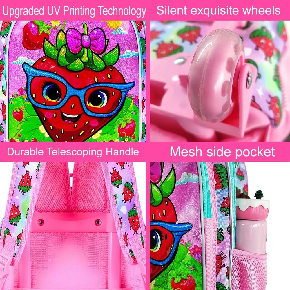 KLFVB Girls Rolling Backpack, 3PCS Kids Roller Bookbag with Lunch Bag, Wheeled School Bag for Children - Strawberry