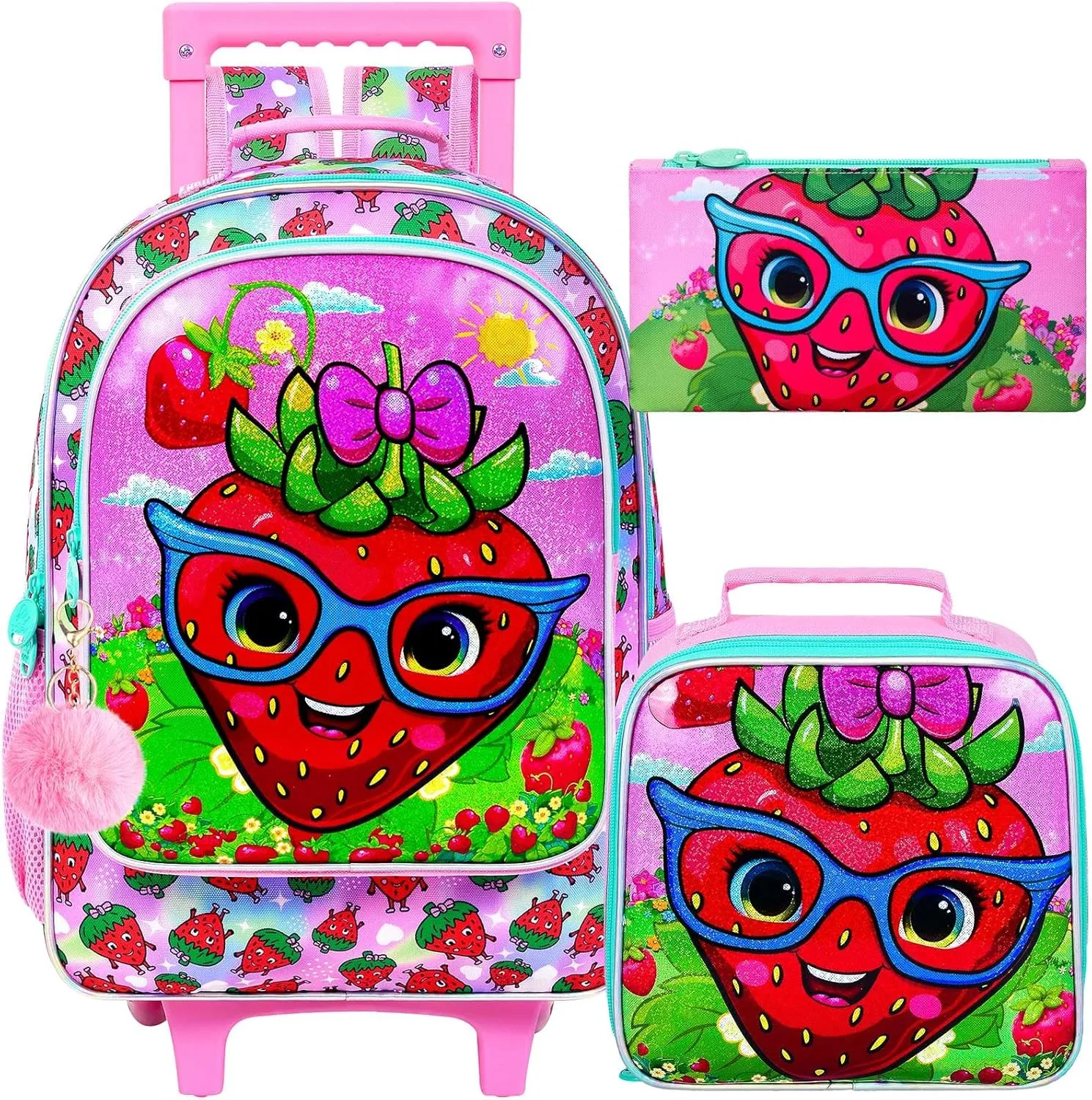 KLFVB Girls Rolling Backpack, 3PCS Kids Roller Bookbag with Lunch Bag, Wheeled School Bag for Children - Strawberry