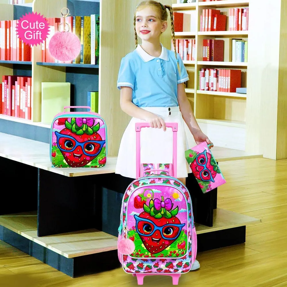 KLFVB Girls Rolling Backpack, 3PCS Kids Roller Bookbag with Lunch Bag, Wheeled School Bag for Children - Strawberry