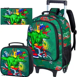 KLFVB Kids Rolling Backpack for Boys, Dinosaur Roller Wheels School Bag with Lunch Bag, Wheeled School Bookbag for Children