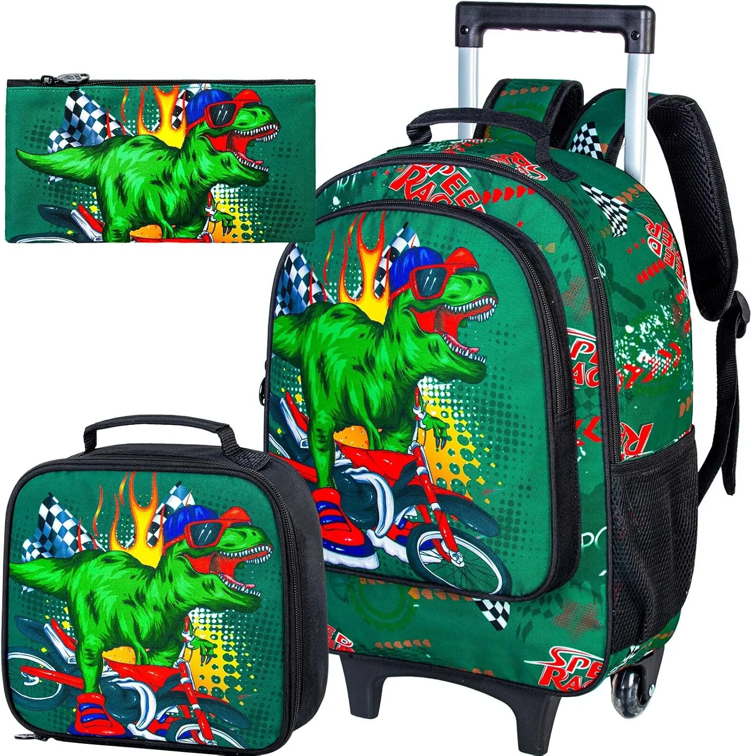 KLFVB Kids Rolling Backpack for Boys, Dinosaur Roller Wheels School Bag with Lunch Bag, Wheeled School Bookbag for Children