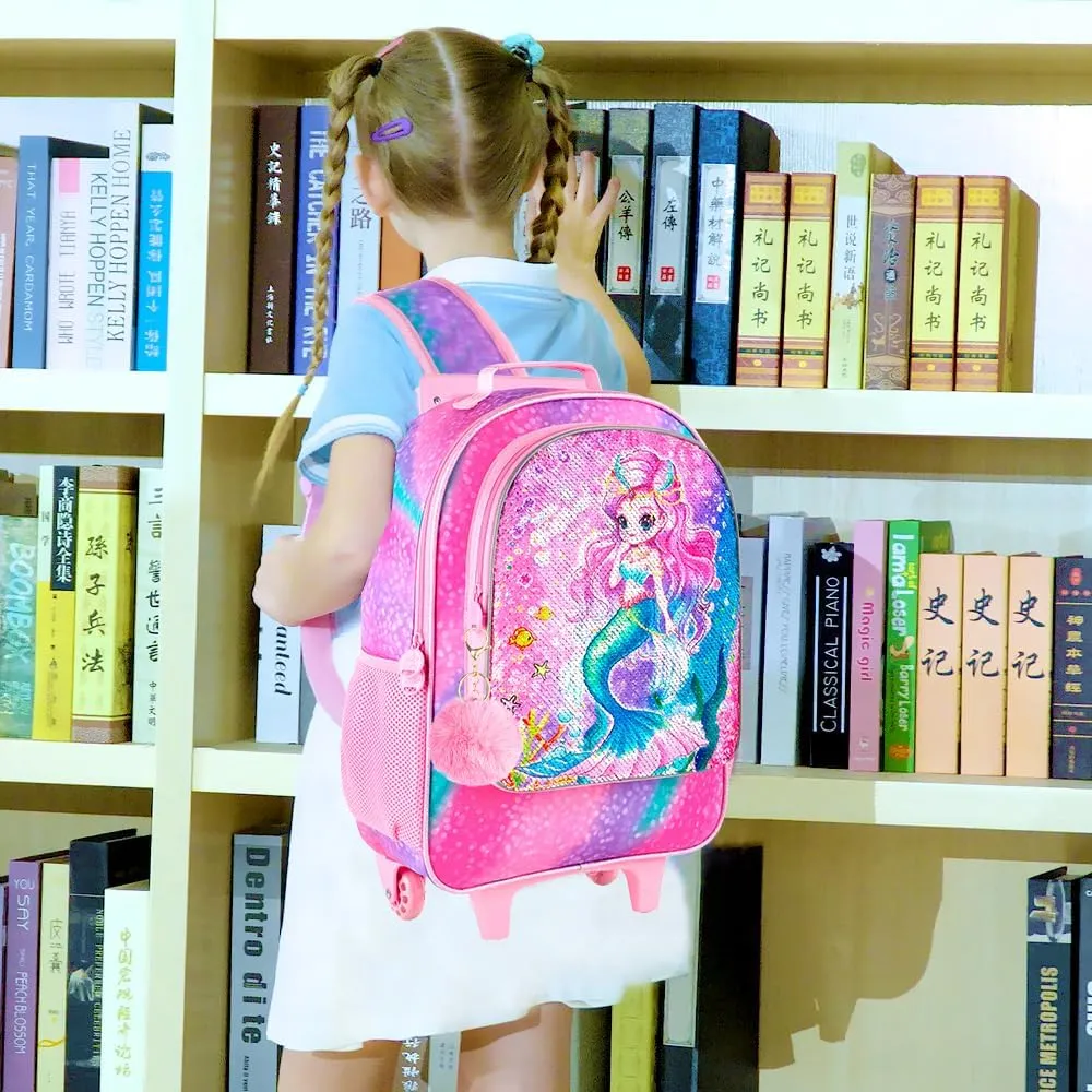 KLFVB Rolling Backpack for Girls Boys, Kids Roller Wheels School Bookbag with Lunch Bag, Wheeled School Bag for Children