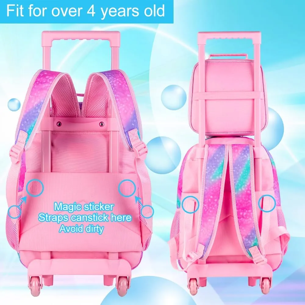 KLFVB Rolling Backpack for Girls Boys, Kids Roller Wheels School Bookbag with Lunch Bag, Wheeled School Bag for Children