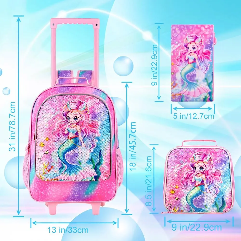 KLFVB Rolling Backpack for Girls Boys, Kids Roller Wheels School Bookbag with Lunch Bag, Wheeled School Bag for Children