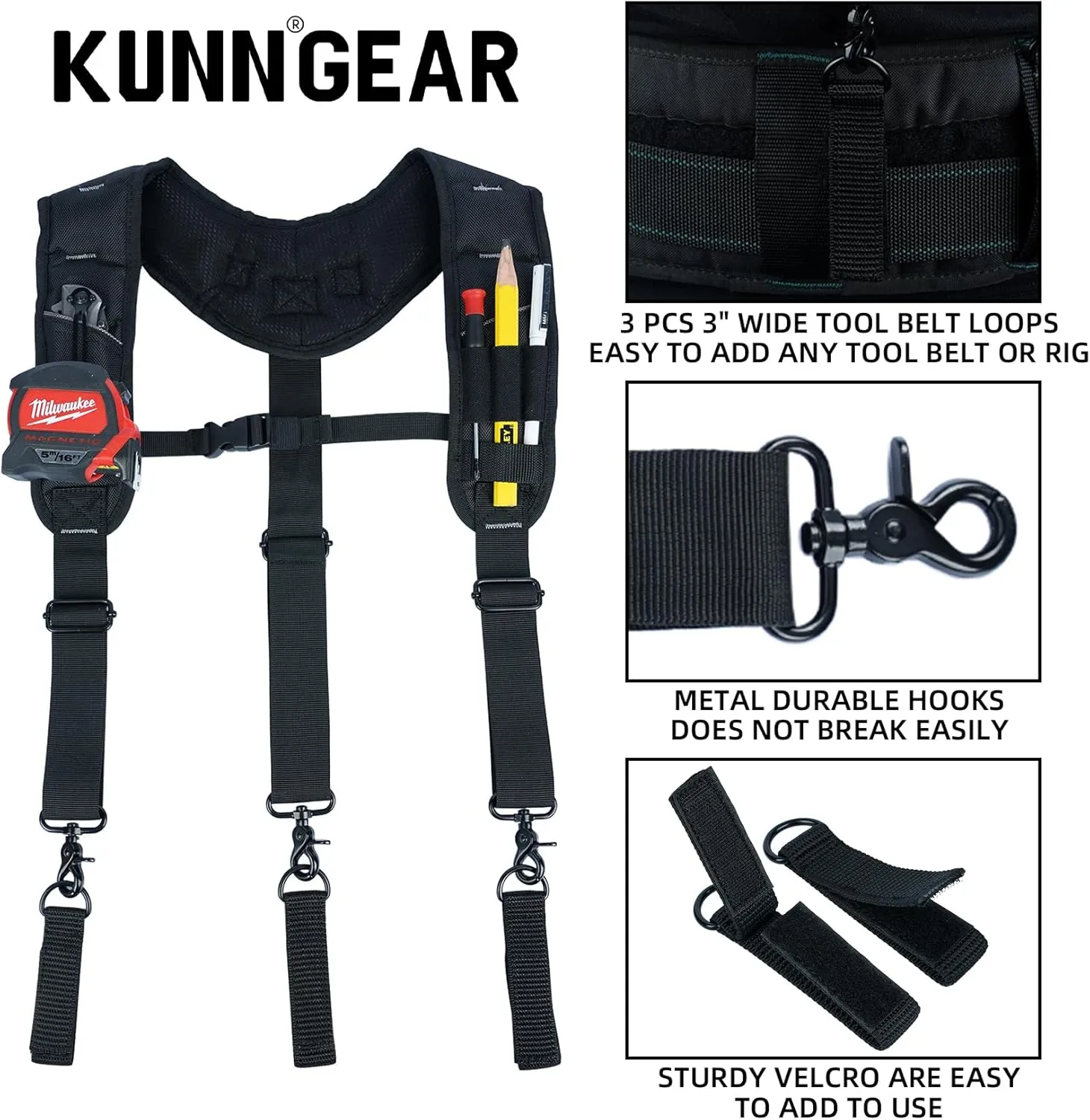 KUNN Tool Belt Suspenders,Heavy Duty 3-Points Padded Construction Work Pouch Suspender for Men with Tool Belt Loops