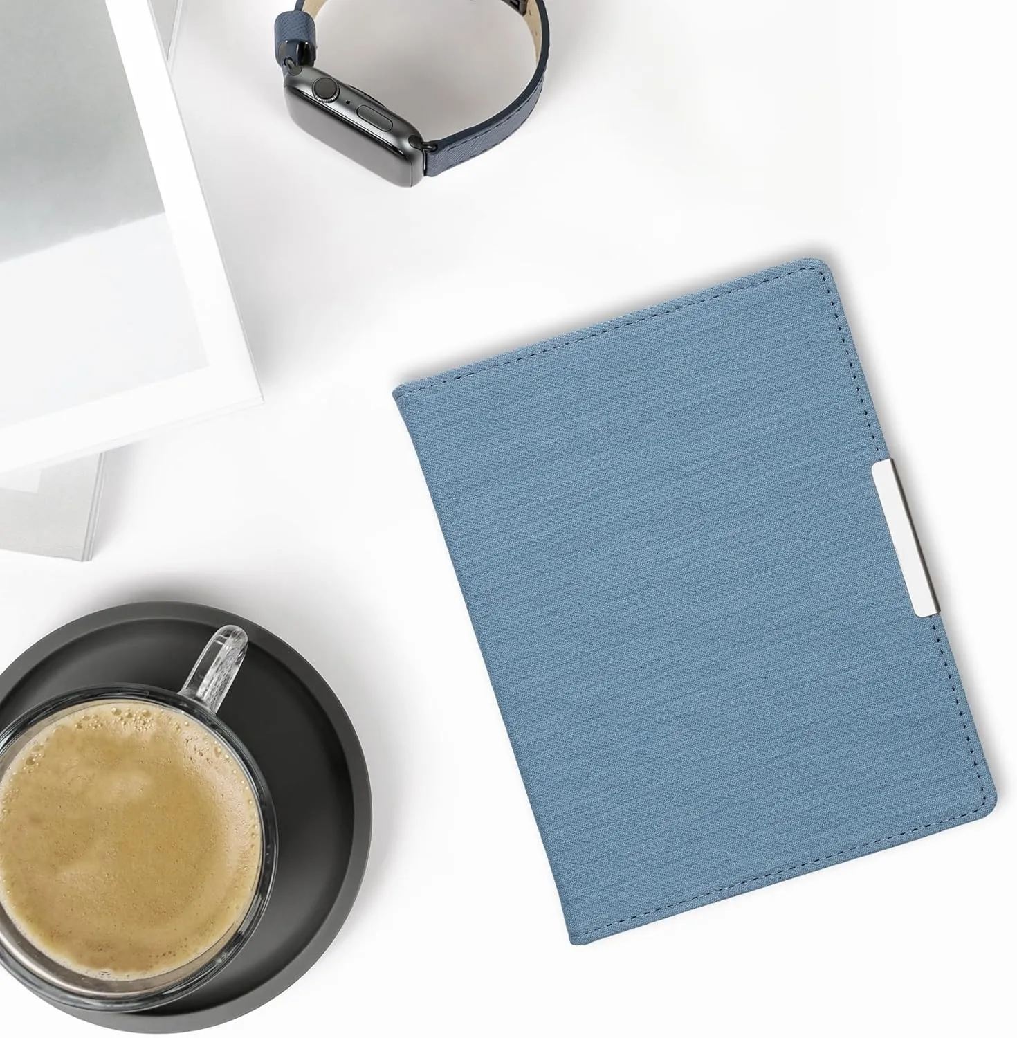 kwmobile Cover Compatible with Kobo Aura H2O Edition 2 - Case for E-Reader - Denim Look Fabric Flip Case - Blue