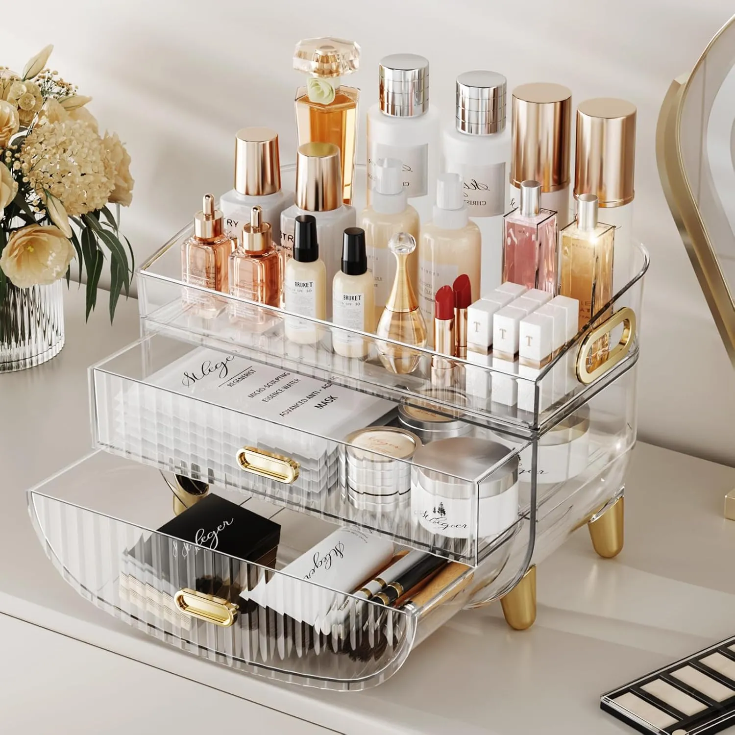 LAMU Makeup Organizer with Drawers, Bathroom Counter Organizers and Storage, Transparent Design Keeps Items Visible and Dust-Free, Simple and Stylish for Bath Linen Sets, Vanity, Skincare, Clear