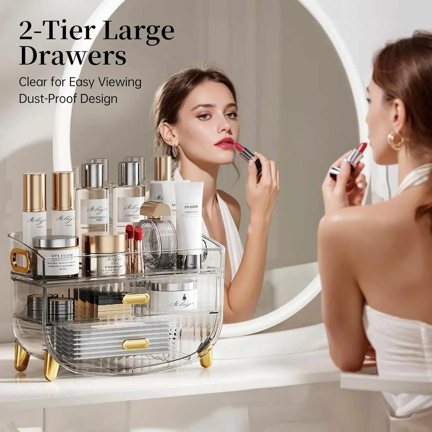 LAMU Makeup Organizer with Drawers, Bathroom Counter Organizers and Storage, Transparent Design Keeps Items Visible and Dust-Free, Simple and Stylish for Bath Linen Sets, Vanity, Skincare, Clear