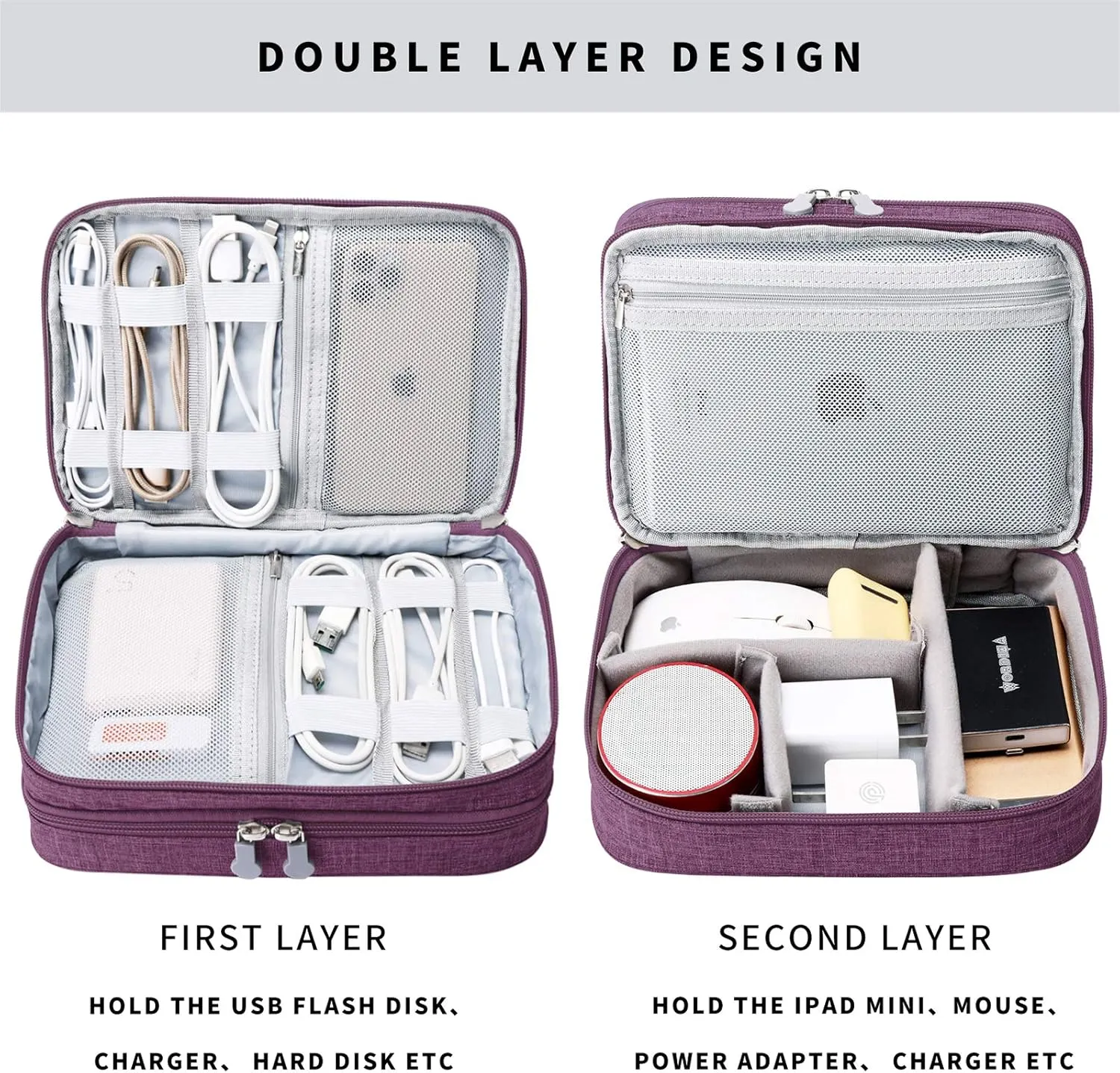 Lanola Travel Cable Organizer Bag, Electronic Accessories Case Portable Double Layer Cable Storage Bag for Cord,phone,Charger, Flash Drive, Phone, SD Card,Personal Items - (Purple)