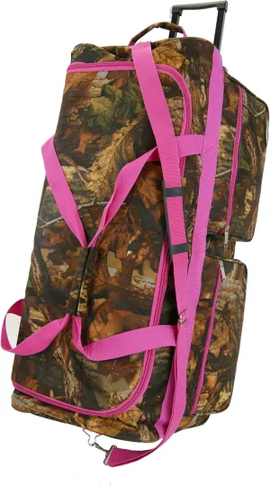 Large 30 Itch"E-Z Roll" Real Tree Hunting Rolling Duffel Bag/Printed Camouflage Wheel Bag(Pink Trim)