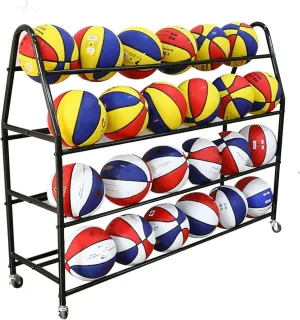 Large Capacity Rolling Ball Storage Cart for Kindergarten School, Floor Standing Heavy Duty 4 Tier Basketball Football Display Rack Holder with Lockable Wheels~/