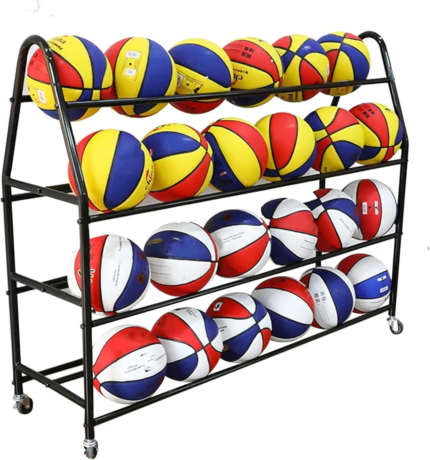 Large Capacity Rolling Ball Storage Cart for Kindergarten School, Floor Standing Heavy Duty 4 Tier Basketball Football Display Rack Holder with Lockable Wheels~/