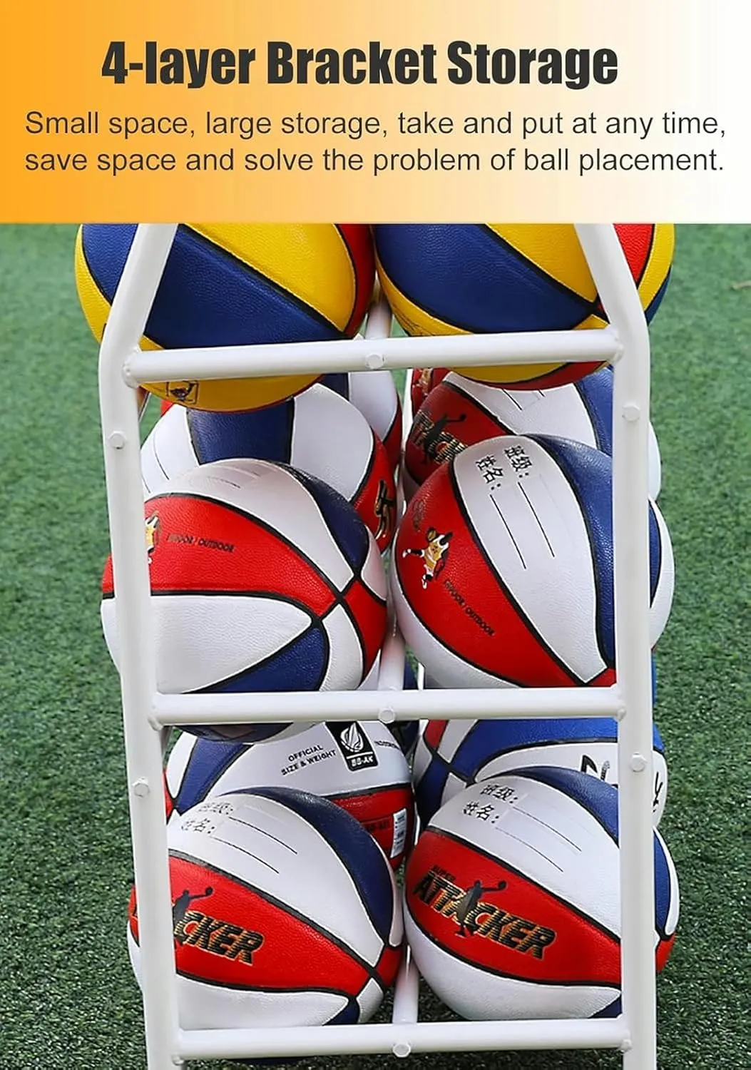 Large Capacity Rolling Ball Storage Cart for Kindergarten School, Floor Standing Heavy Duty 4 Tier Basketball Football Display Rack Holder with Lockable Wheels~/