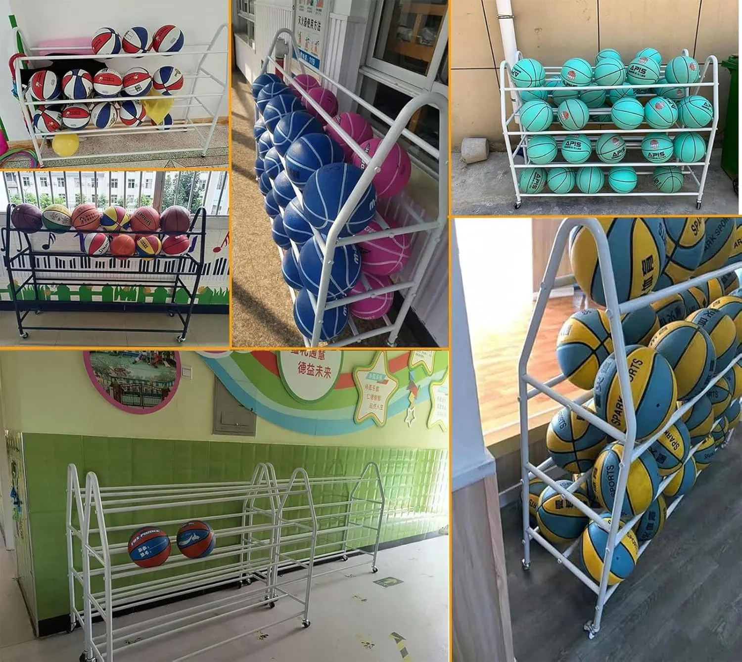 Large Capacity Rolling Ball Storage Cart for Kindergarten School, Floor Standing Heavy Duty 4 Tier Basketball Football Display Rack Holder with Lockable Wheels~/