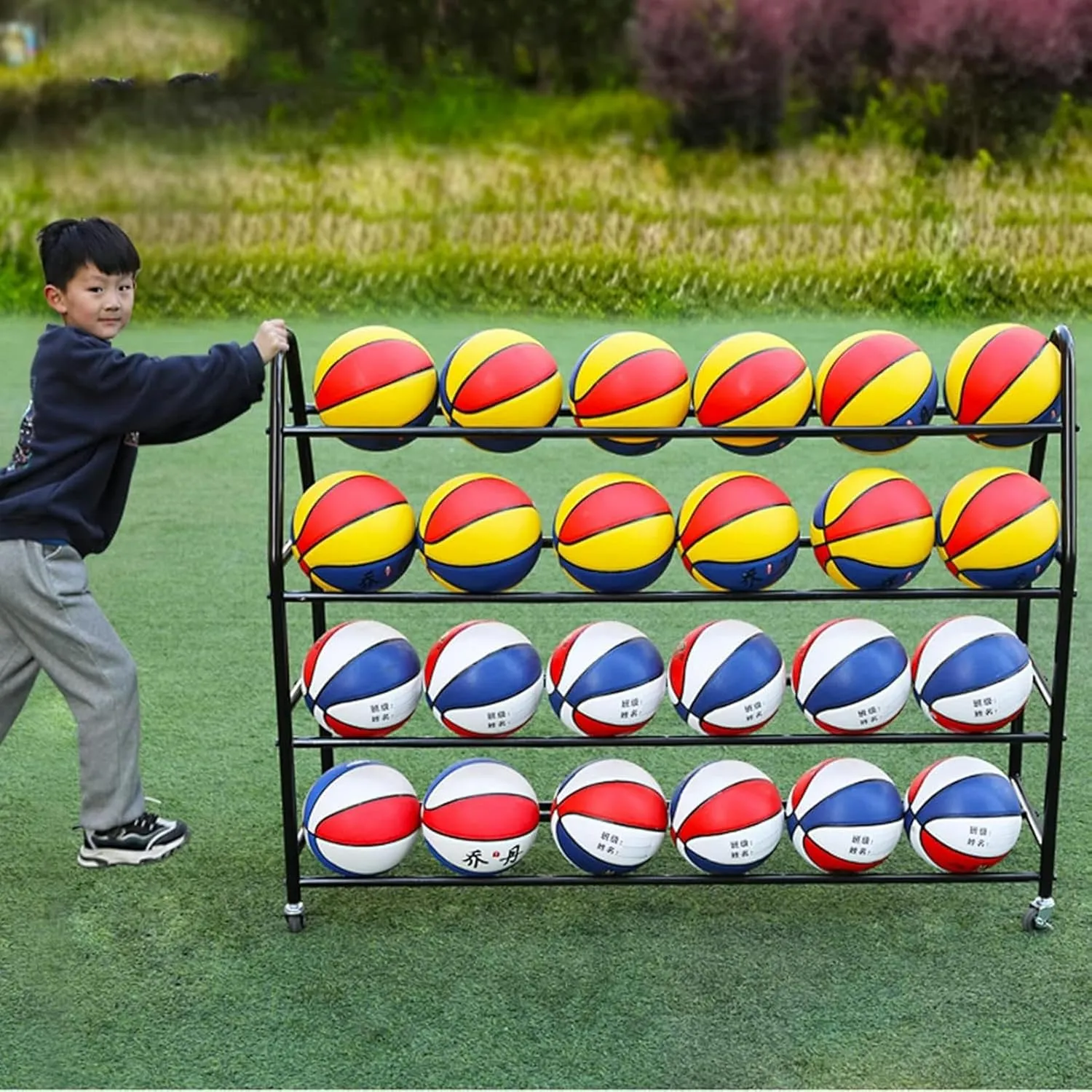 Large Capacity Rolling Ball Storage Cart for Kindergarten School, Floor Standing Heavy Duty 4 Tier Basketball Football Display Rack Holder with Lockable Wheels~/